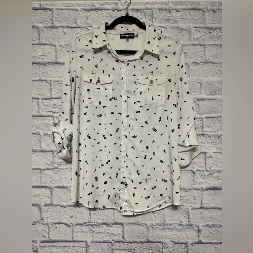 Karl Lagerfeld Blouse Shirt White Black Print Sunglasses Paris Tab Sleeve